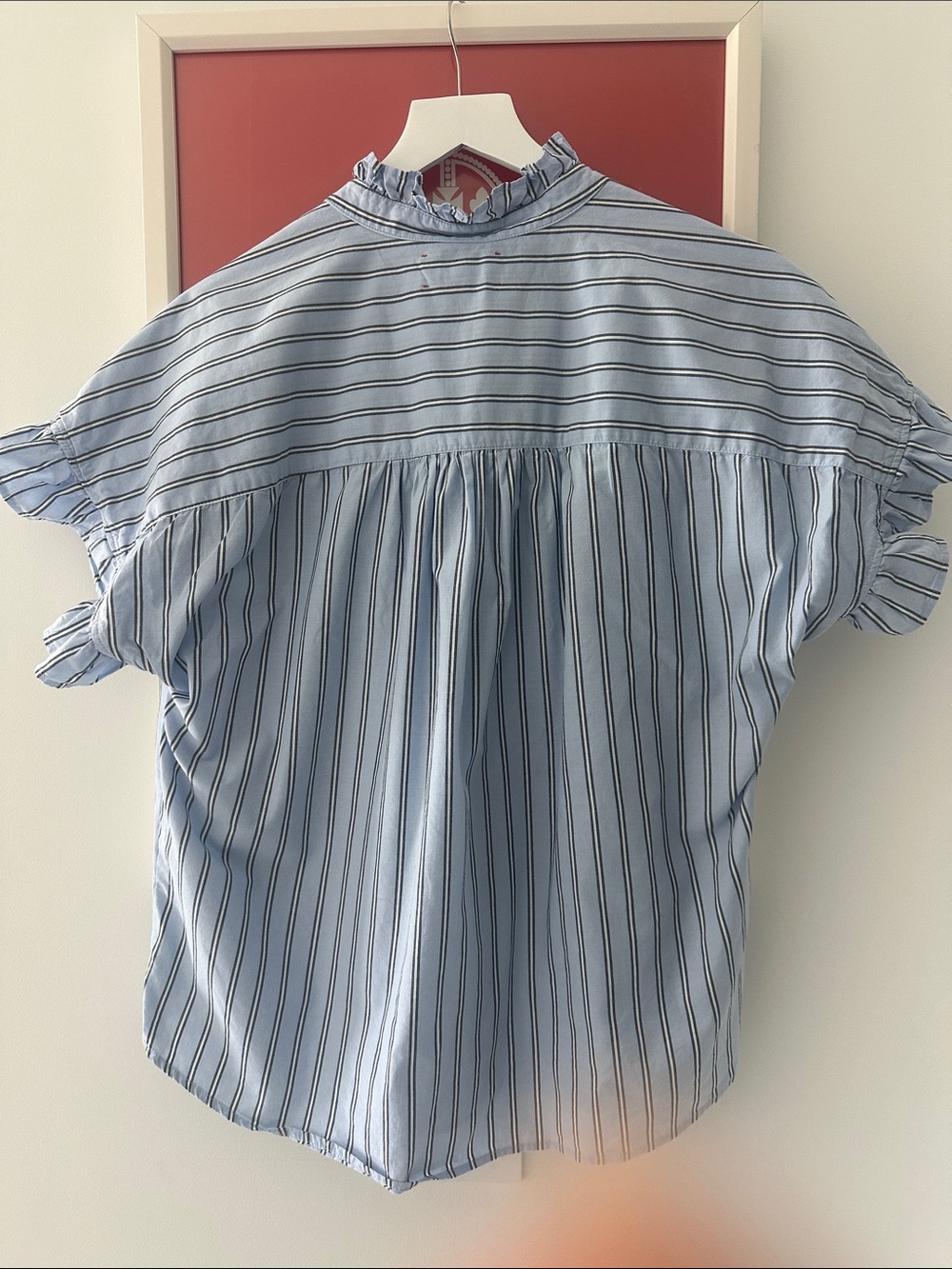 XiRENA Brie Light Blue & Navy Striped Ruffle-Trim popover blouse - size L - Picture 3 of 3